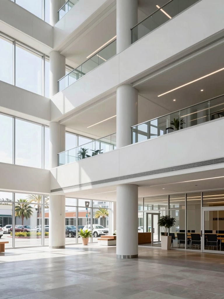 Wide clean shot of a modern San Diego commercial building interior with architectural lighting details, bright natural daylight, crisp focus, 35mm