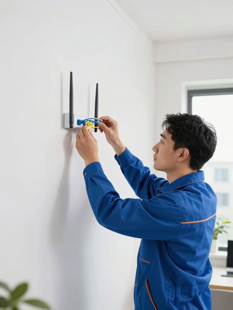 Professional telecom technician in a blue uniform installing a fiber optic router on a clean domestic wall, bright natural daylight, 35mm lens