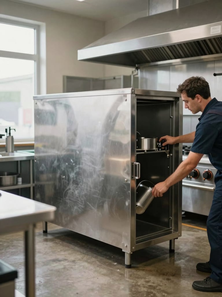 Wide environmental shot of a commercial kitchen, technician in the right third carefully positioning a large stainless-steel appliance unit into a built-in recess, hands guiding the unit into place, available daylight from a side window, concrete floor and stainless benchtops visible, no posing