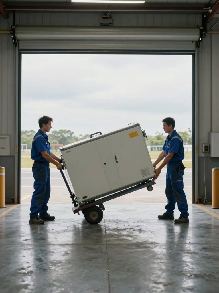 Wide shot in a loading bay, two technicians tilting an old commercial refrigeration unit onto a sack trolley to remove it, concrete floor and roller-door visible, flat overcast daylight from outside, no staging