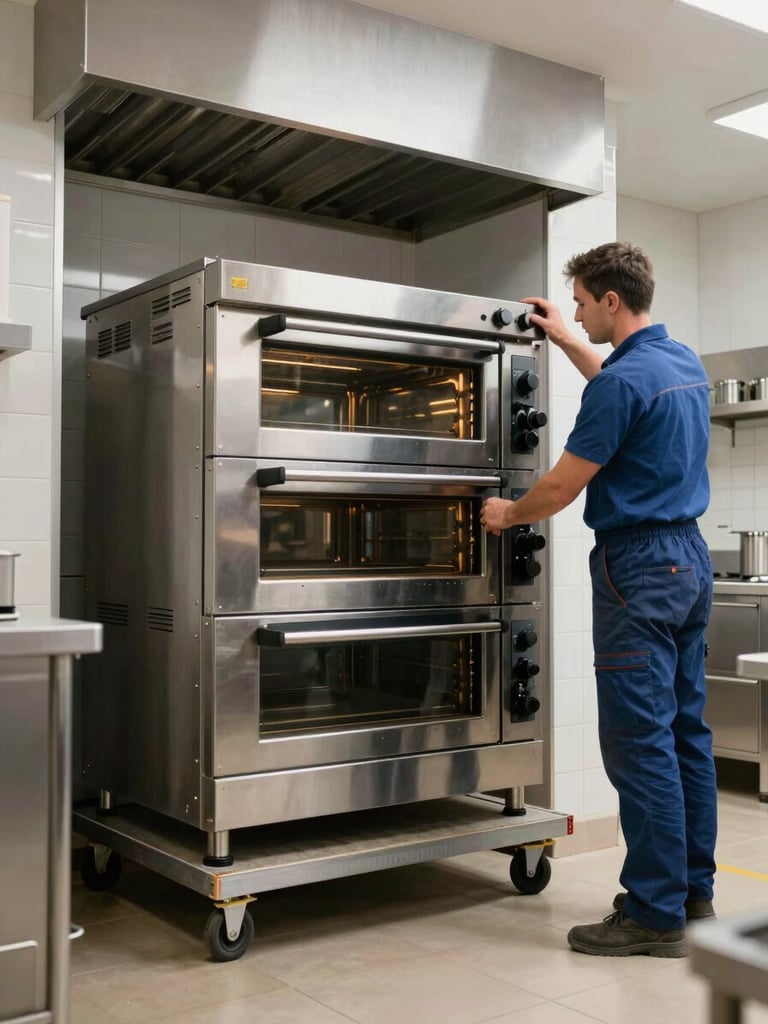 Wide shot of a technician carefully positioning a large commercial oven into a kitchen alcove, available overhead light, tiled walls, the appliance on a trolley mid-placement, space around the unit showing the work in progress
