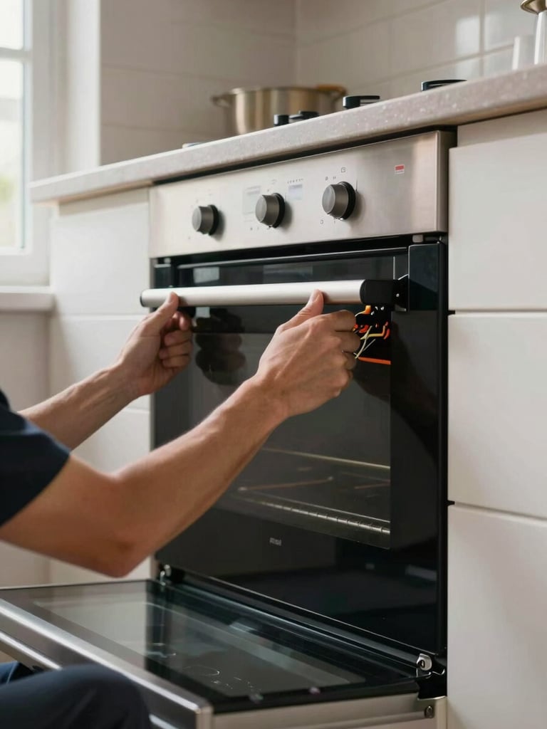 Close environmental shot inside a domestic kitchen, a technician's hands guiding a large oven appliance into a built-in cavity, electrical connections visible at the side, available window light from the left, tiled walls and cabinetry in the background