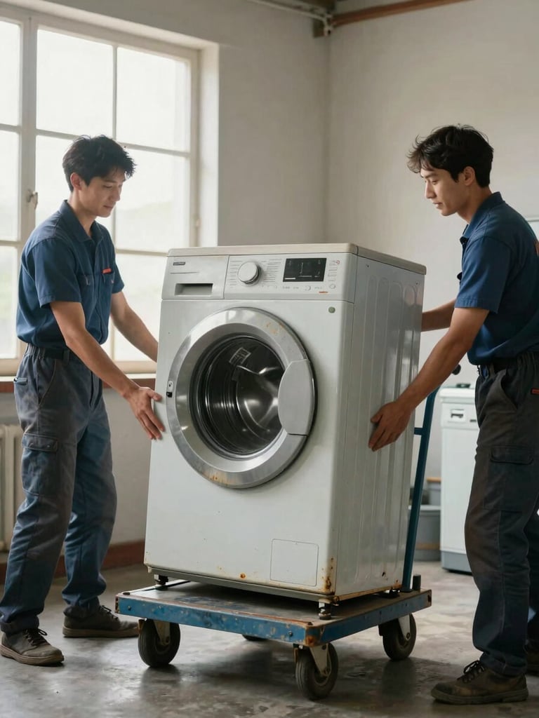 Two workers loading an old freestanding washing machine onto a removal trolley in a domestic laundry, available window light, bare walls, the worn appliance tilted on the trolley showing the removal in progress
