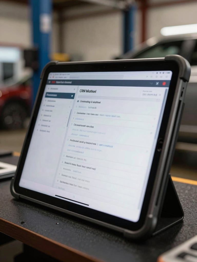 Close-up of a rugged tablet screen displaying active automation terminal lines and CRM booking logs inside a Colorado auto repair shop bay