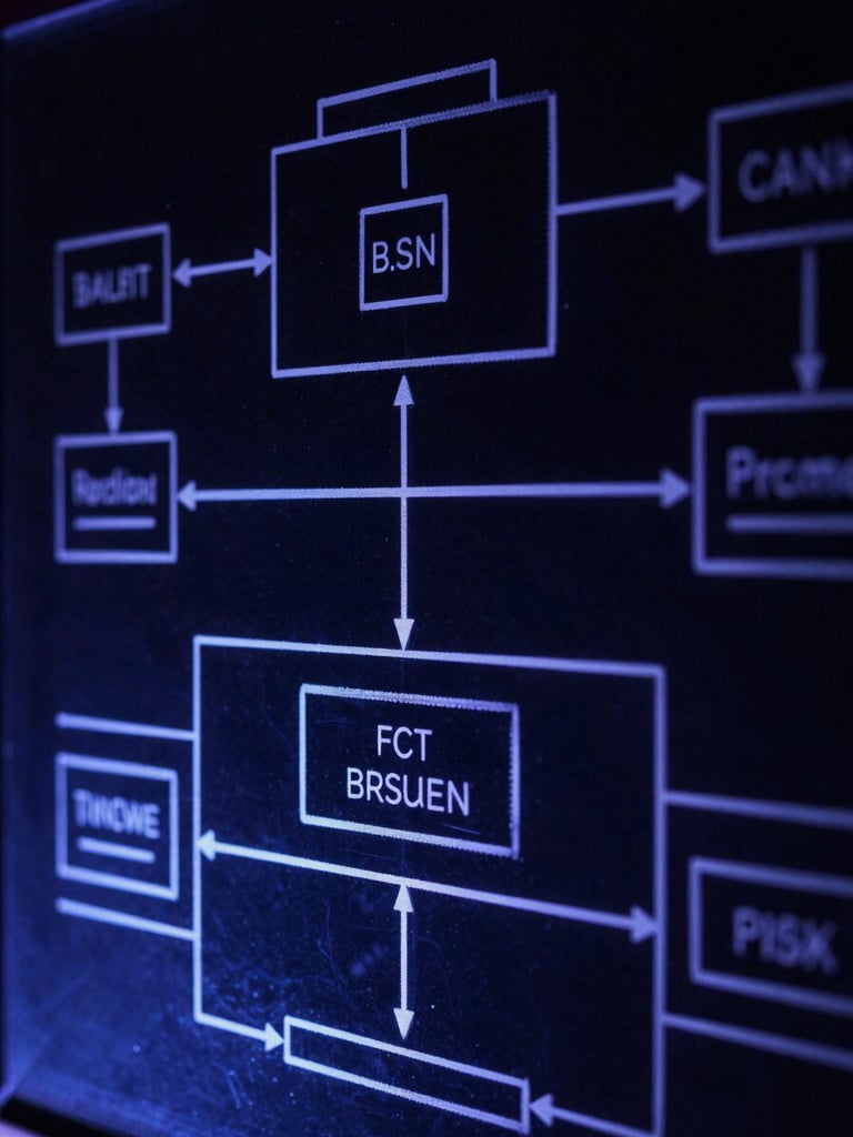 Macro shot of complex system architecture diagrams drawn on a dark glass board, sharp electric-indigo backlighting, deep slate tones, high contrast, 35mm.