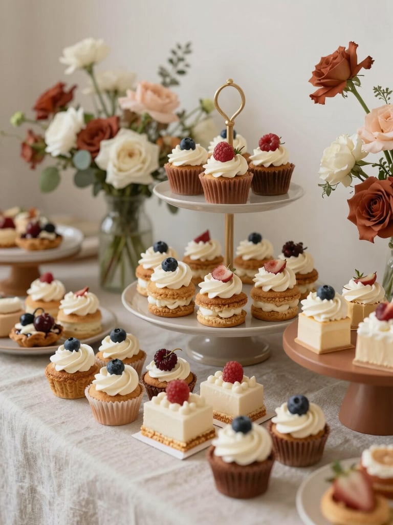 Close-up of a styled sweet table detail: a tiered arrangement of desserts and florals in terracotta and cream tones on a linen-draped surface, soft even natural light, pristine and editorial, no people visible