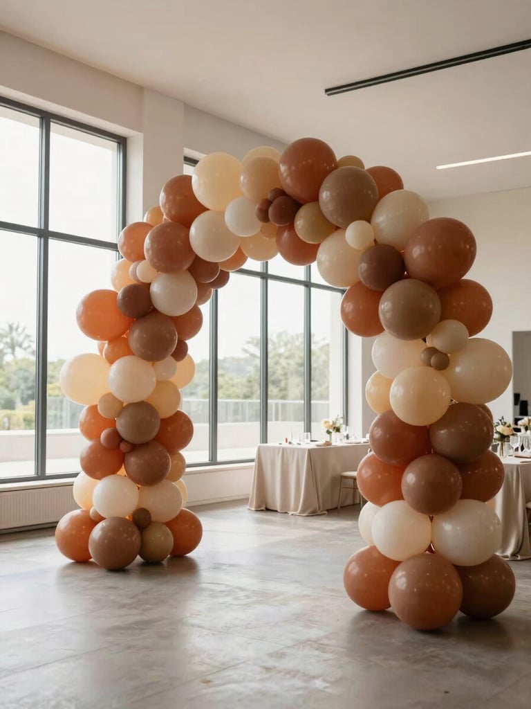 Wide environmental shot of a sculptural balloon arch installation in a pristine event space, terracotta and warm cream tones, natural daylight from tall windows, floor-level perspective showing the arch framing an empty styled table beyond, generous negative space on the left