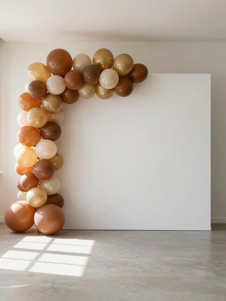 Wide interior shot of a pristine event installation: a terracotta and soft-gold balloon arch framing a white backdrop, natural daylight streaming from the left, the decorated space empty and composed before the celebration begins, generous negative space on the right