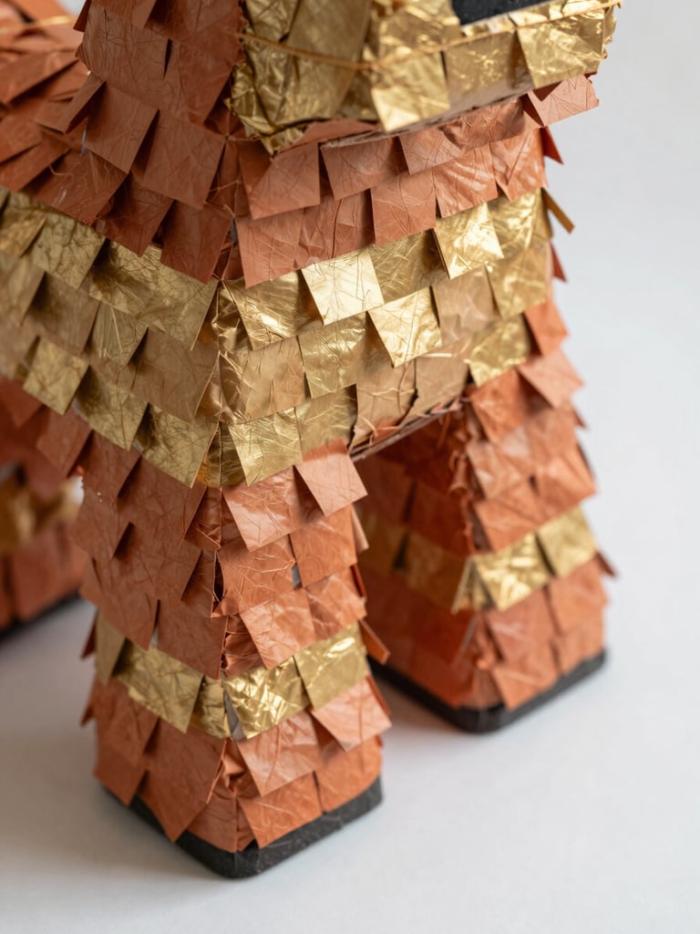 Close-up of a custom piñata surface, soft natural sidelight revealing hand-applied terracotta and gold paint layers, fine texture of paper folds visible, the background a clean white surface — tight editorial detail shot, no people