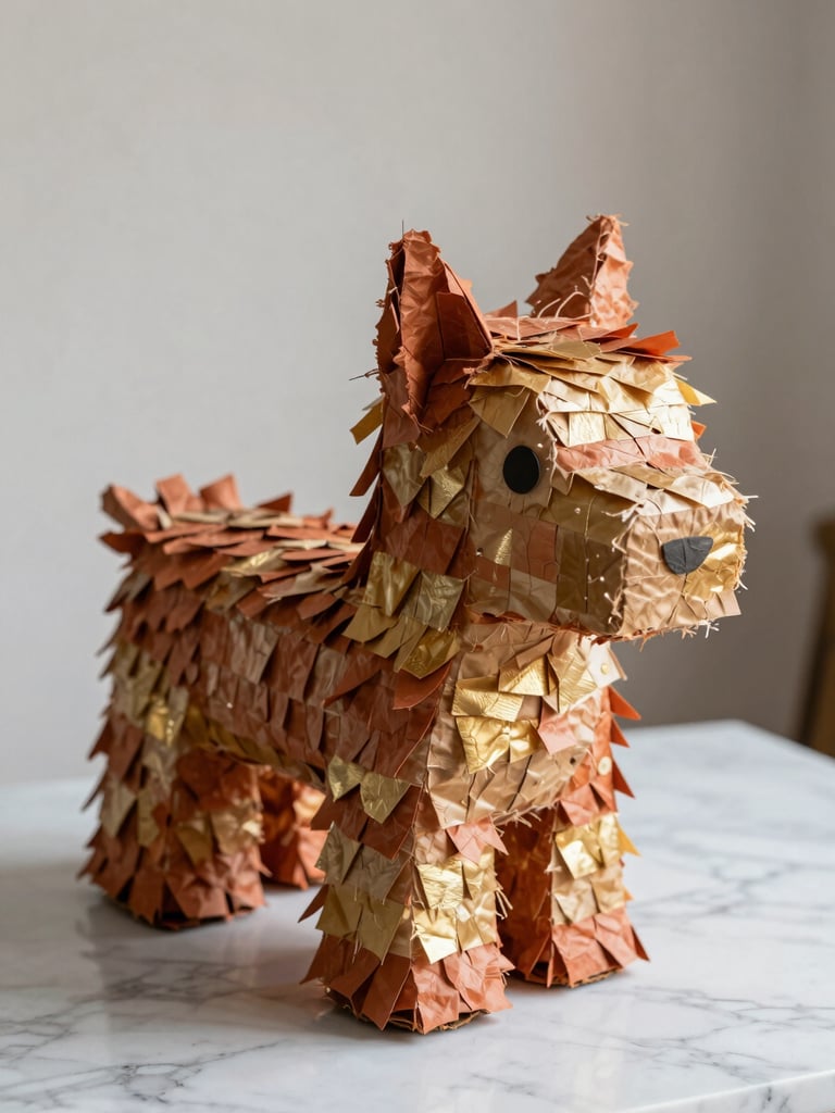 Close-up detail of a handcrafted custom piñata with layered textured paper in warm terracotta and soft gold tones, resting on a white marble surface, soft even natural light from the side, shallow depth of field highlighting the craftsmanship of the fringed layers
