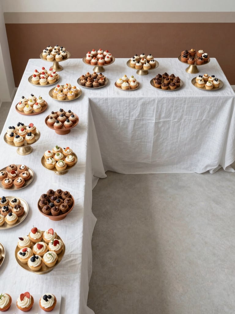 Overhead editorial shot of a fully styled sweet table — minimalist white linen, curated desserts in terracotta and gold tones, a layered backdrop panel visible at the top edge, pristine pre-party stillness, natural light flooding from the left, generous empty space on the right side of the frame