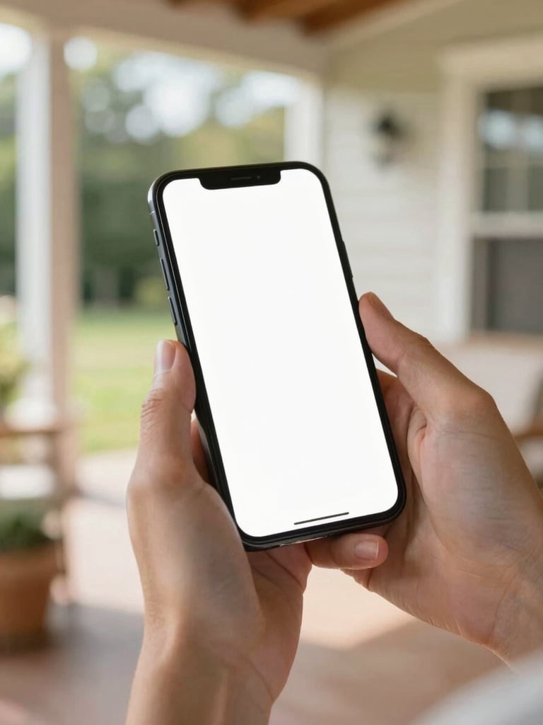 Hands holding a smartphone showing a clean setup screen, soft outdoor lighting on a cozy residential porch.