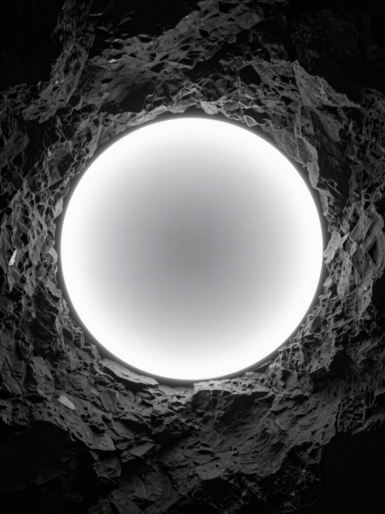 A glowing white circular light portal centered in a dark, textured obsidian stone void, subtle monochromatic radial glow, minimalist and futuristic composition.