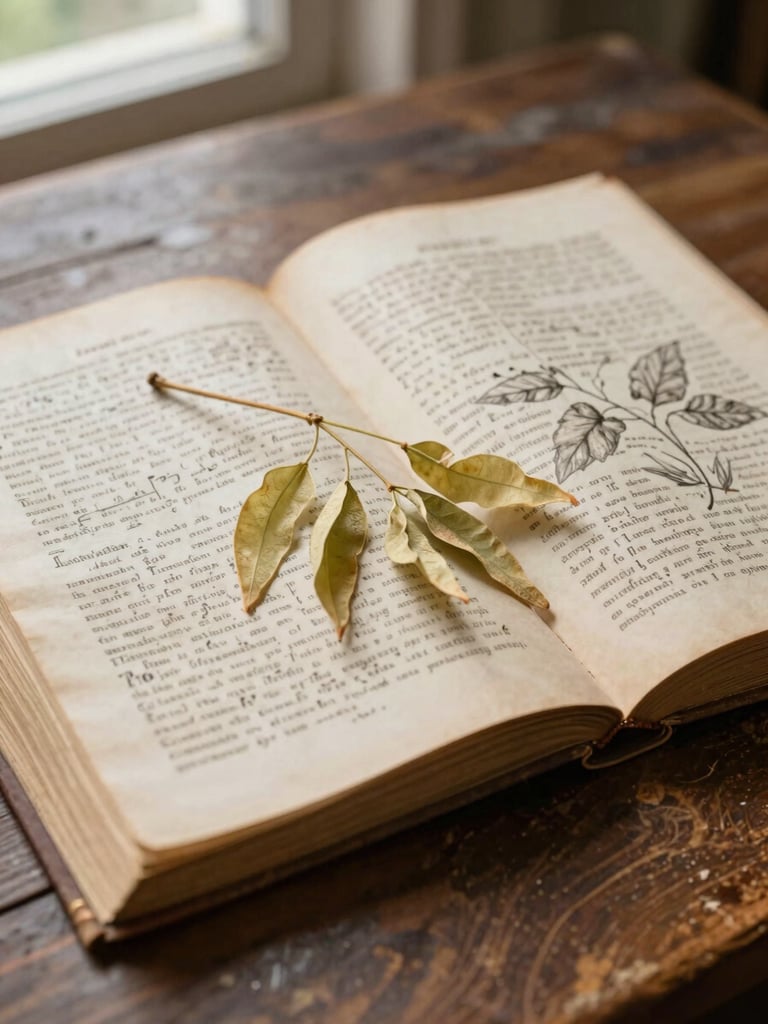 Extreme close-up of an open 19th-century botanical herbal on a worn oak table, handwritten Latin annotations visible on yellowed pages, a dried sprig of linden resting across the open gutter, diffuse north-facing window light from the upper left
