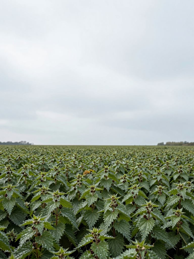 Wide environmental shot of a damp Walloon meadow in early spring, low horizon, nettle stands visible in the middle distance, soft overcast daylight, no human figures, documentary framing with generous sky