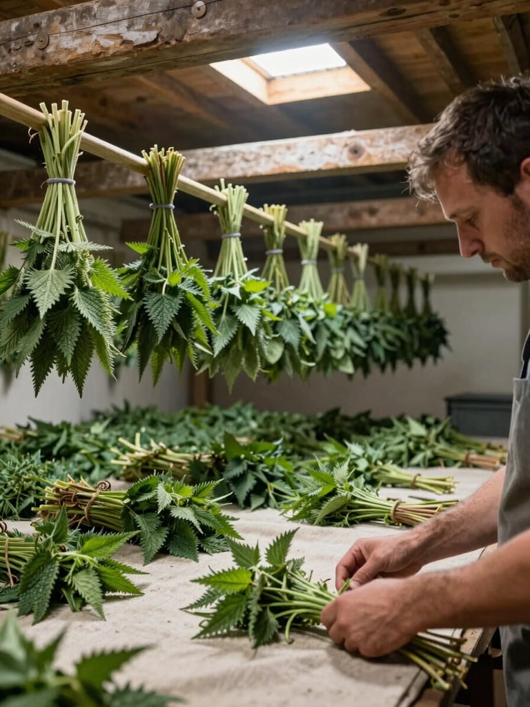 Wide environmental shot of a Belgian herb grower's drying room — bundles of nettle and yarrow hanging from rough timber beams, diffuse overhead daylight through a small skylight, hands in the foreground sorting stems on a linen cloth, documentary framing, no lifestyle staging