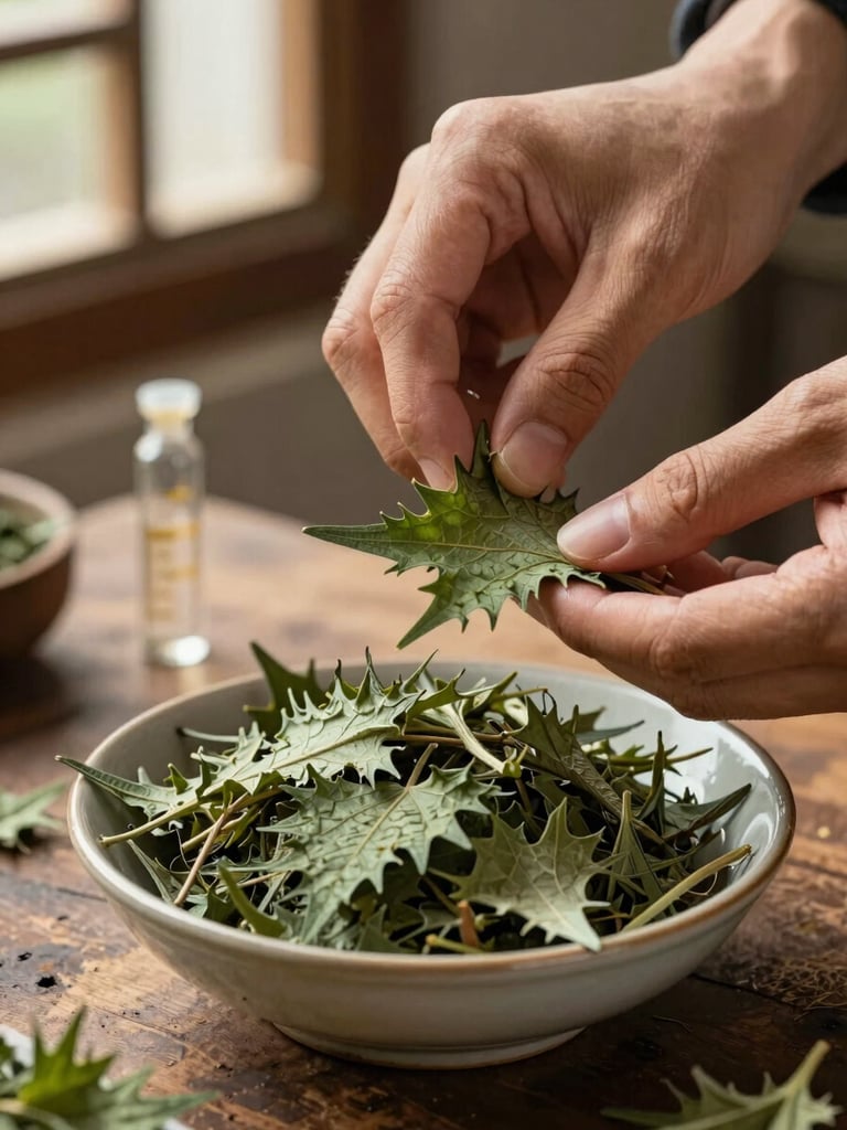 Close-up of hands measuring dried nettle leaves into a ceramic bowl on a worn wooden surface, diffuse daylight from a nearby window, small glass measuring vial visible to the side, documentary and precise