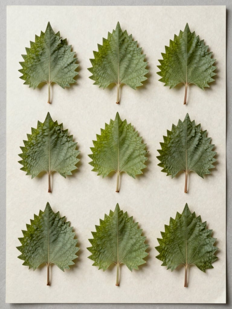 Overhead studio flat-lay of dried nettle leaves on unbleached paper, diffuse daylight from above, botanical specimen clarity, deep green-grey tones, individual leaves arranged with scientific precision