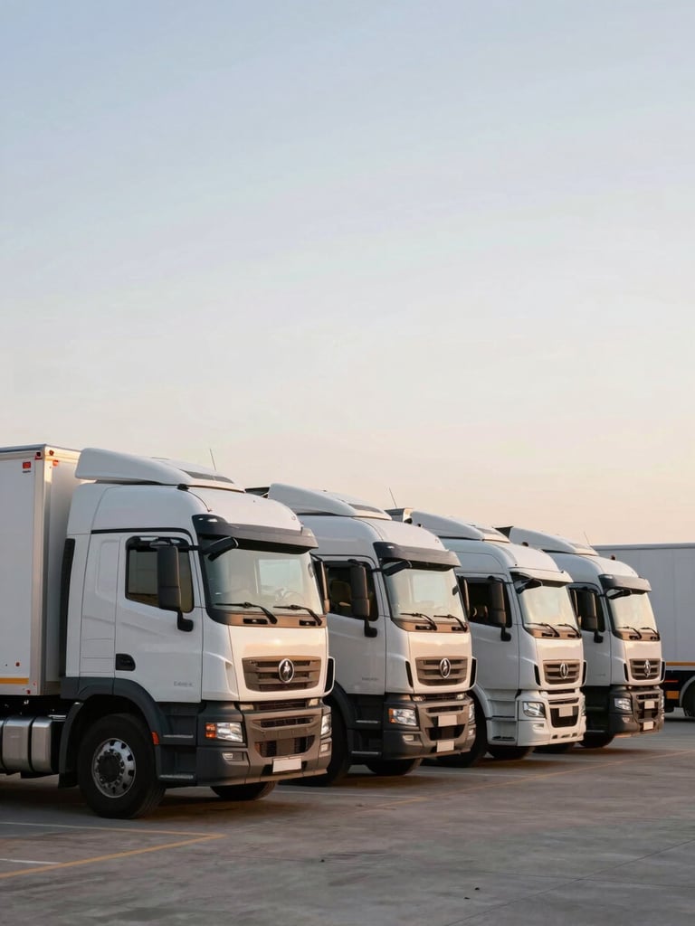 A fleet of modern refrigerated transport trucks parked in a neat row at a desert distribution depot during golden hour.