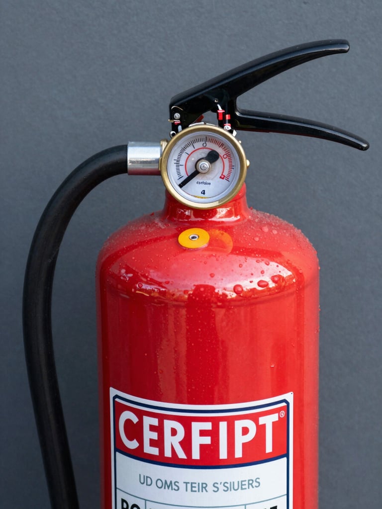 Close-up of a certified red fire extinguisher with a highly visible brass pressure gauge, clean corporate safety tag, sharp focus, technical detail, bright even daylight