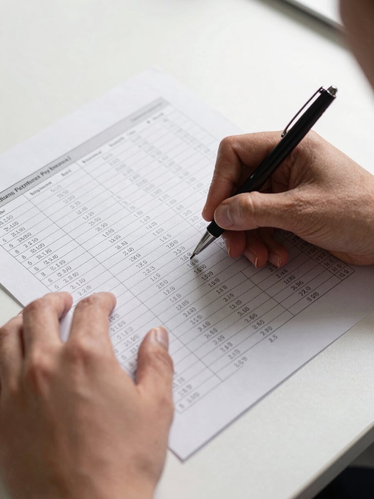 Close-up wide shot of hands reviewing a printed spreadsheet of influencer performance data on a clean white desk, a pen marking a row, studio strobe lighting, sharp shadows, no faces visible