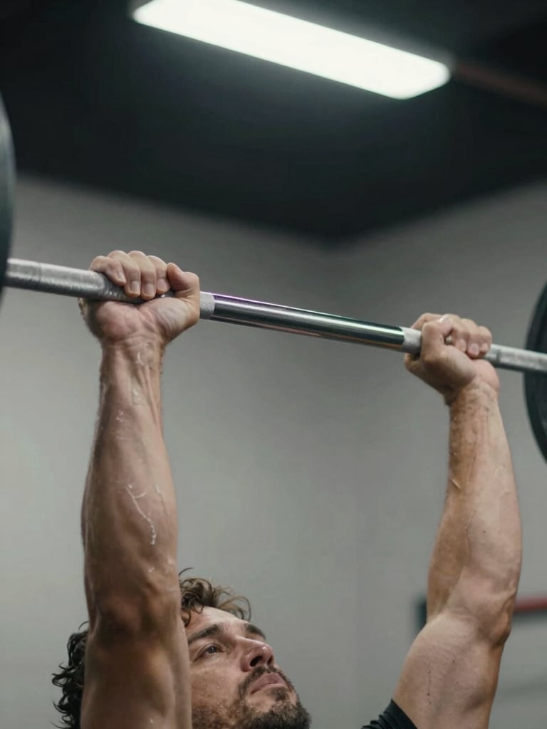 Close-up documentary shot of a 50+ athlete's hands gripping a barbell at the top of a press, forearms tensed, gym chalk visible, tungsten overhead light, tight framing showing wrist alignment and grip tension, no face visible