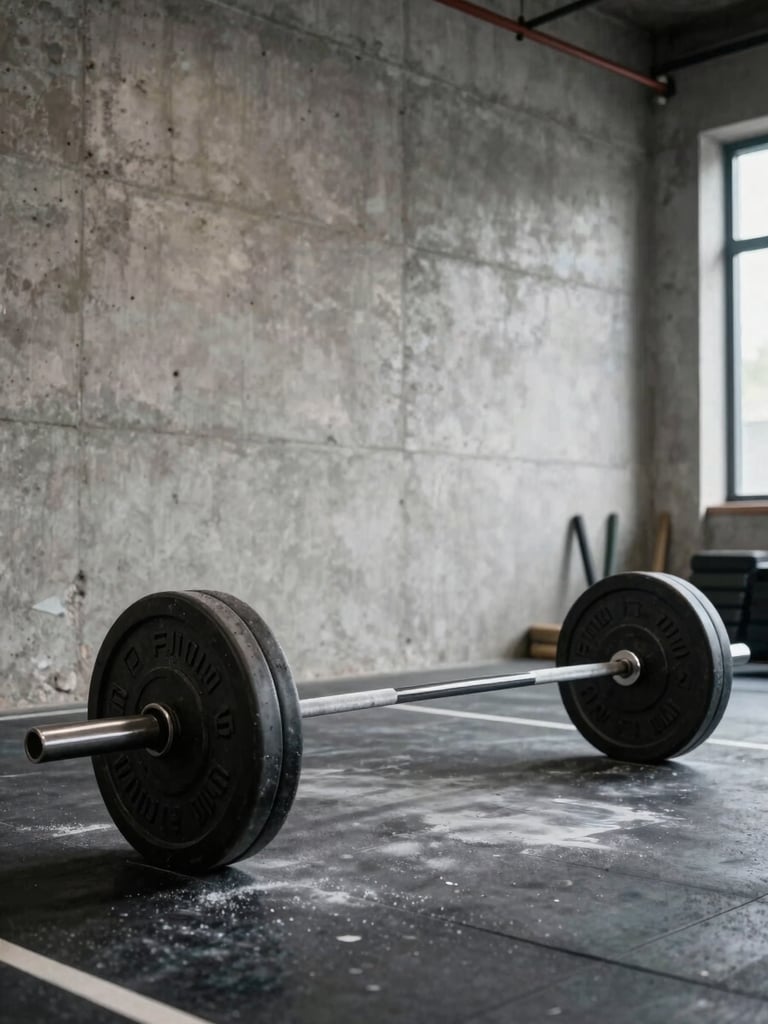 Close frame, wide shot of a training space interior — a barbell racked at hip height, chalk dust settling in tungsten gym light, no person present, weight plates in sharp focus, rough concrete walls in background