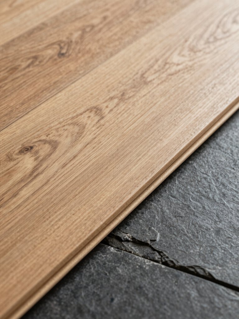 Macro detail shot of a perfect, seamless transition between light oak wood flooring and dark slate tiles, highlighting clean craftsmanship.
