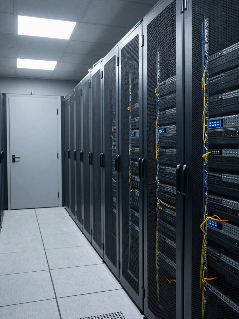 Wide environmental shot inside a government server room — dense rack-mounted servers in steel enclosures under cool fluorescent task lighting, cable management visible, secure facility door in background left, expansive row of racks receding into depth on the right