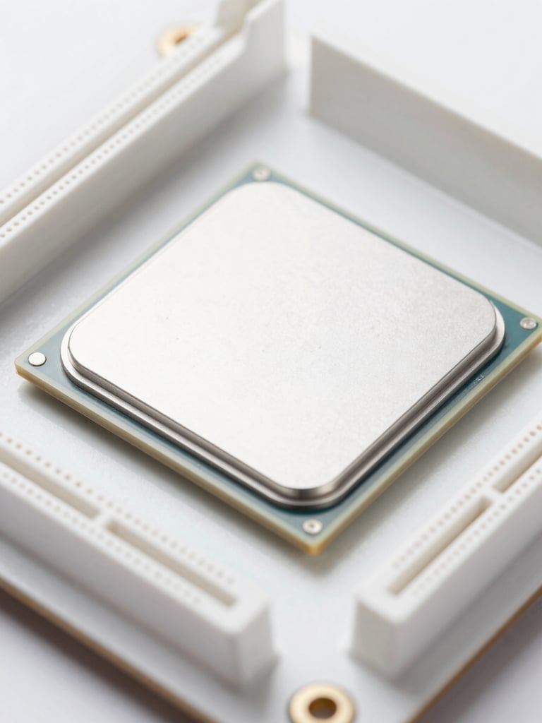 Macro close-up of a clean, internal computer component, such as a CPU on a motherboard, under bright studio lighting, sharp focus, minimalist white and light gray tones.