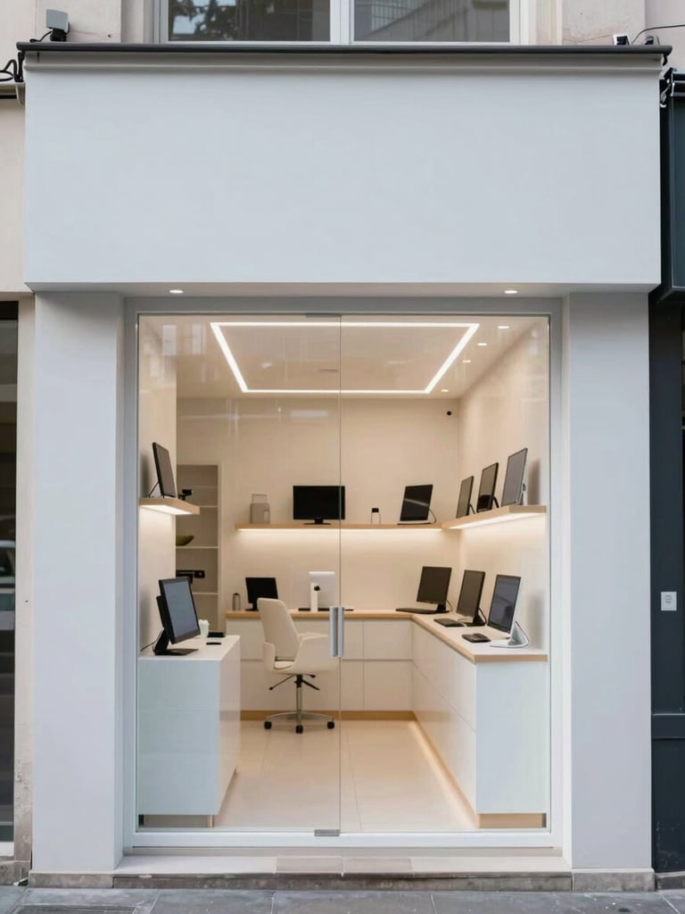 Bright clean storefront exterior of a professional computer repair shop in Mexico City, minimalist light gray facade, clear glass window showing organized interior, soft daylight
