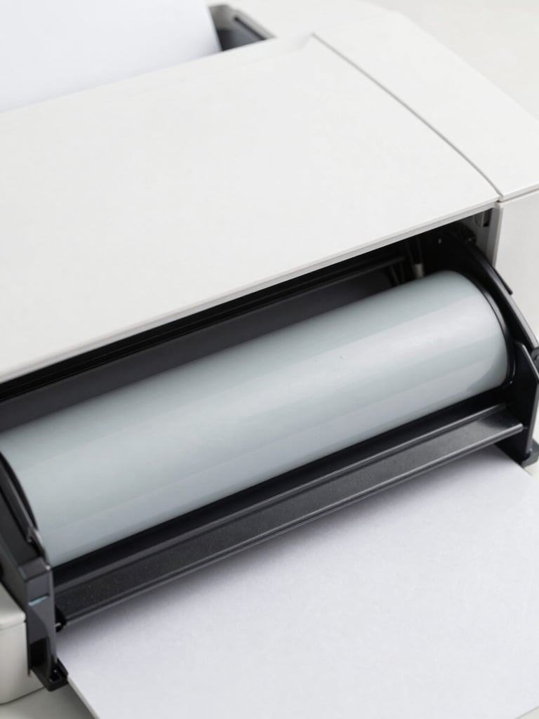 Macro close-up of a clean printer's internal mechanism, specifically a toner cartridge or paper feed roller, under bright studio lighting, sharp focus, minimalist white and light gray tones.