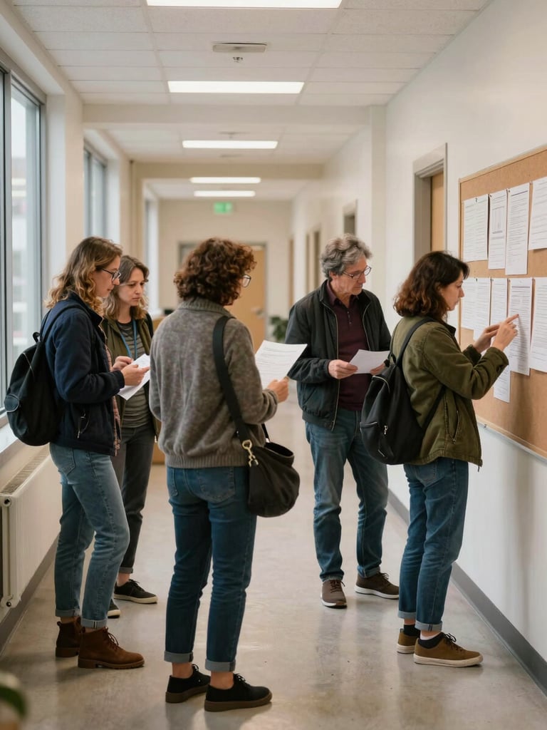 Wide shot of a small group of adults standing in a community center hallway, reviewing papers pinned to a bulletin board together, natural light from a side window, casual dress, bags and coats visible, no one posing or looking toward the camera