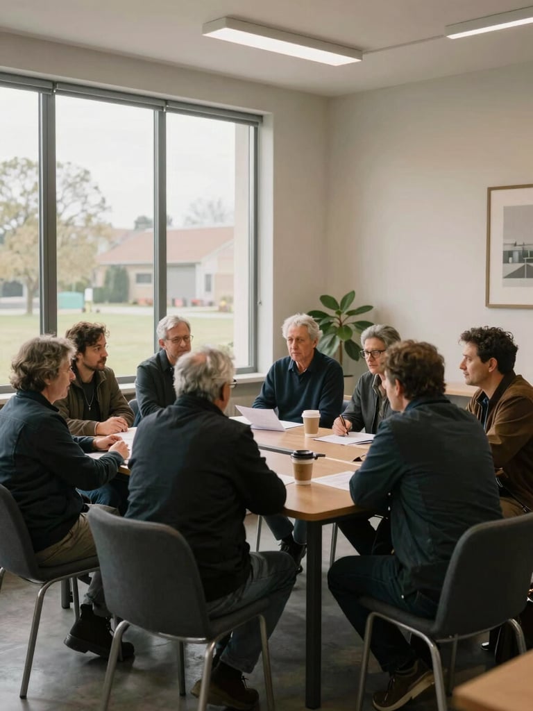 Wide environmental shot inside a community room — a small group of adults seated around a rectangular table mid-conversation, papers and coffee cups in front of them, natural overcast light coming through tall windows to the left, no faces turned toward camera, warm domestic atmosphere