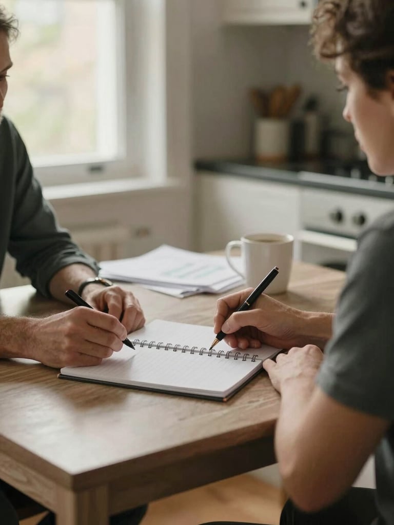 Close environmental shot of two adults seated across a kitchen table mid-conversation, hands visible, a notepad between them, warm overcast window light from the left, everyday domestic setting with a coffee mug and papers in the background, no faces turned toward the camera