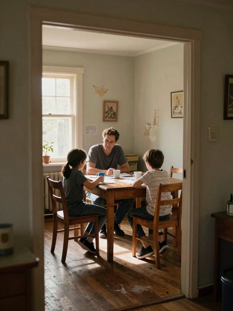 Wide environmental shot looking into a dining room from just outside the doorway — a parent and two children seated at a worn wooden table mid-conversation, papers and mugs scattered across the surface, afternoon light coming through a side window casting warm shadows, no one looking at the camera, a lived-in domestic space with peeling paint on one wall