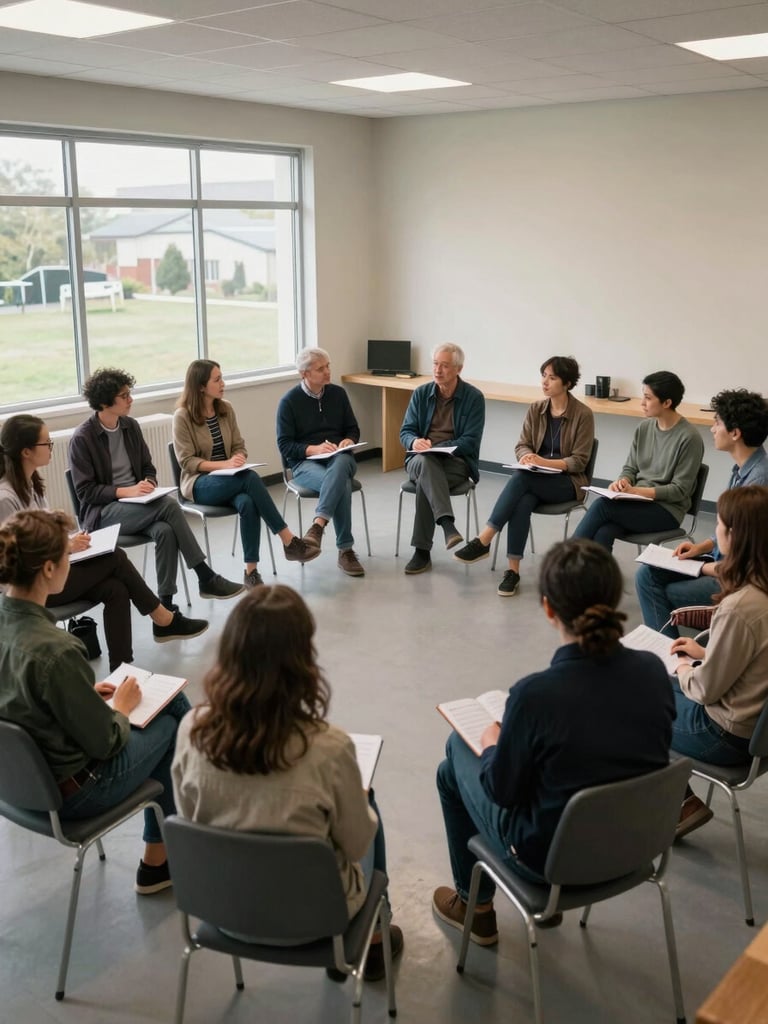 Slightly elevated wide shot inside a community room — a small group of adults seated in a loose circle, notebooks open, one person leaning forward mid-sentence, overcast daylight from windows to the left, no faces in focus, real institutional space visible
