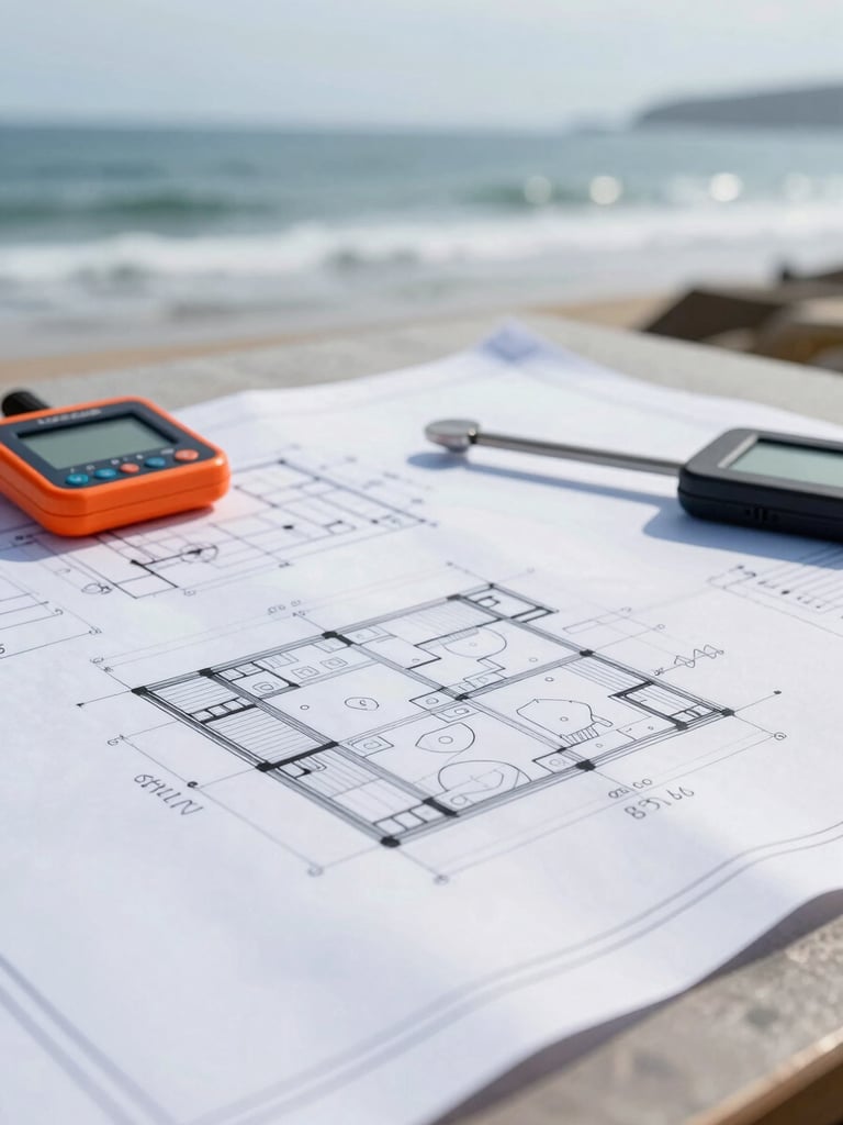 Close-up of technical blueprints laid out on a table with digital measuring tools, bright overcast coastal daylight, clean technical details, high detail, 35mm
