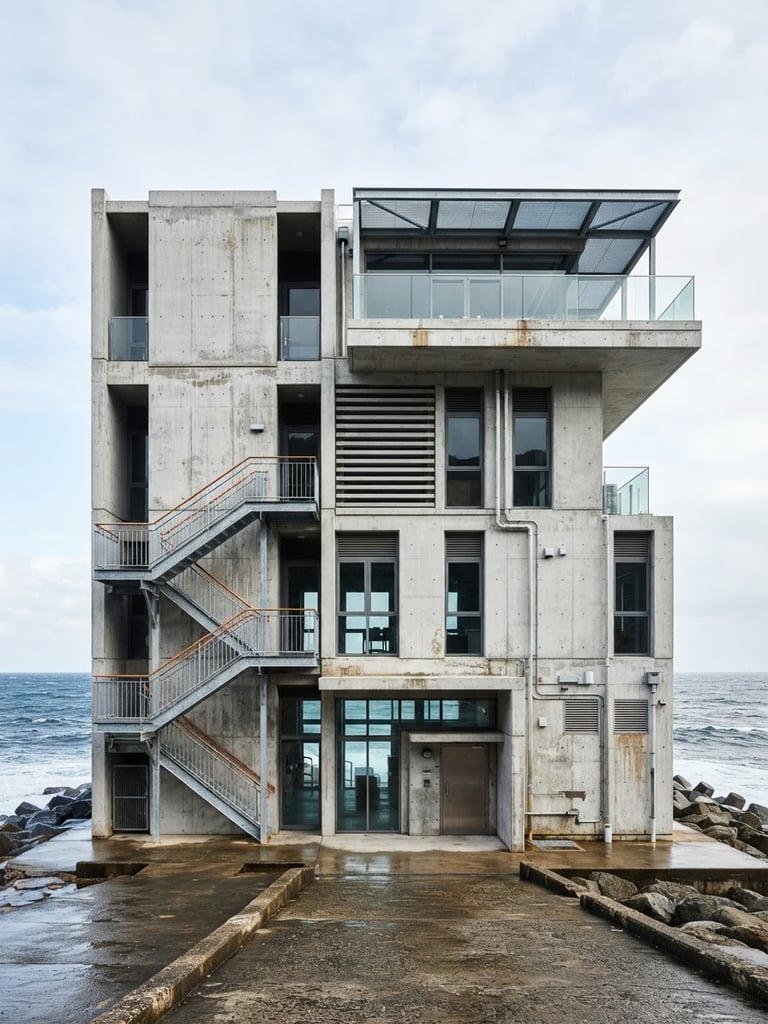 Straight-on architectural elevation of a modern concrete coastal building showing subtle salt-air weathering, crisp overcast daylight, high-contrast technical precision.