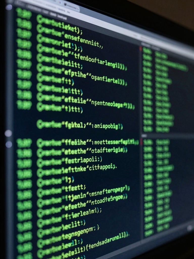 Extreme close-up of a dark terminal screen displaying complex C++ runtime execution logs, glowing laser-green text, sharp contrast, low-key server room lighting.