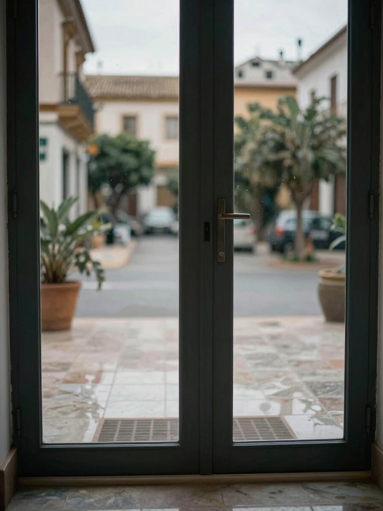 Documentary close-up of a cleaned residential portal entrance in Málaga, overcast daylight from a glass door, polished floor tiles reflecting ambient light, no people, sharp environmental detail
