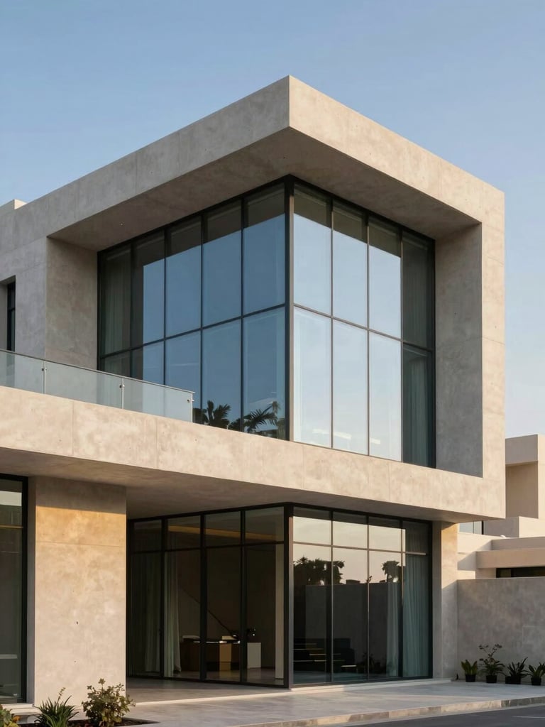 Architectural photography of a modern luxury villa in Riyadh under golden hour sun, showing clean concrete structures and massive glass facades reflecting the sky, 35mm lens.