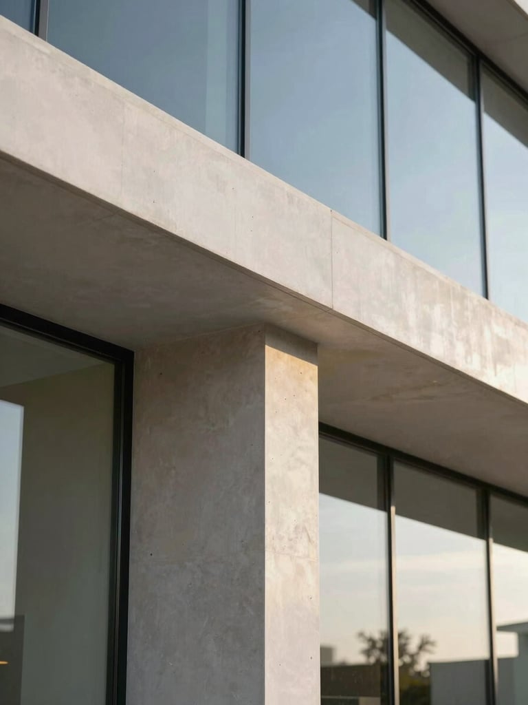 Close-up of a modern interior architectural detail, clean lines where a concrete column meets a crisp glass facade, soft sunlight filtering through, high-contrast minimal composition.