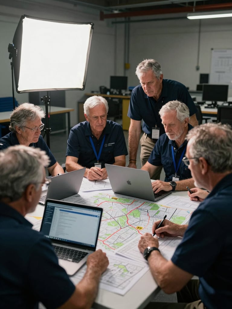 Small team of senior operators gathered around a table covered with printed route maps and laptop screens, directional studio light from one side, focused expressions, industrial workspace background, purposeful collaborative atmosphere