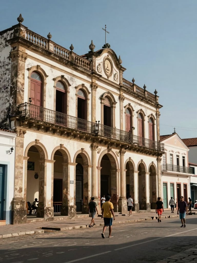 Fachada de comércio tradicional de Belém em dia ensolarado, com arquitetura histórica preservada e movimento sutil de pedestres na calçada.
