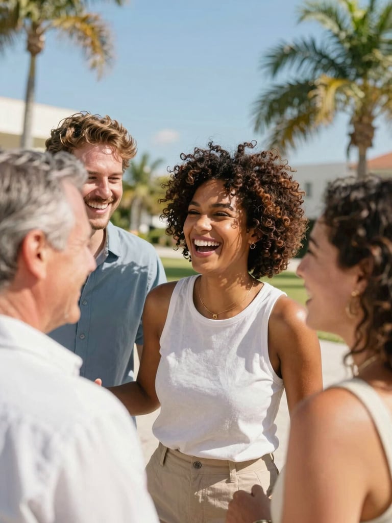 Bright editorial photo of diverse Florida neighbors laughing together outdoors under vibrant afternoon sunshine, warm high-contrast tones, 35mm lens.