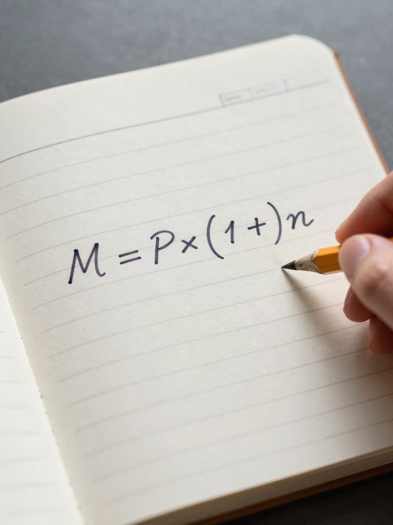 Extreme close-up overhead of a white notebook page, a hand writing M = P × (1+i)^n in dark ink, soft natural window light, formula centered on lined paper, pencil resting at edge of frame