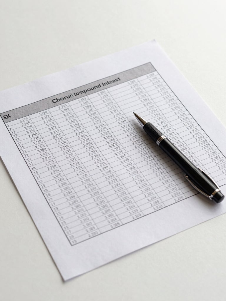 Overhead wide shot of a desk with a printed spreadsheet showing compound interest growth calculations, a pen pointing to a row of numbers, soft neutral studio light, clean white background, no faces