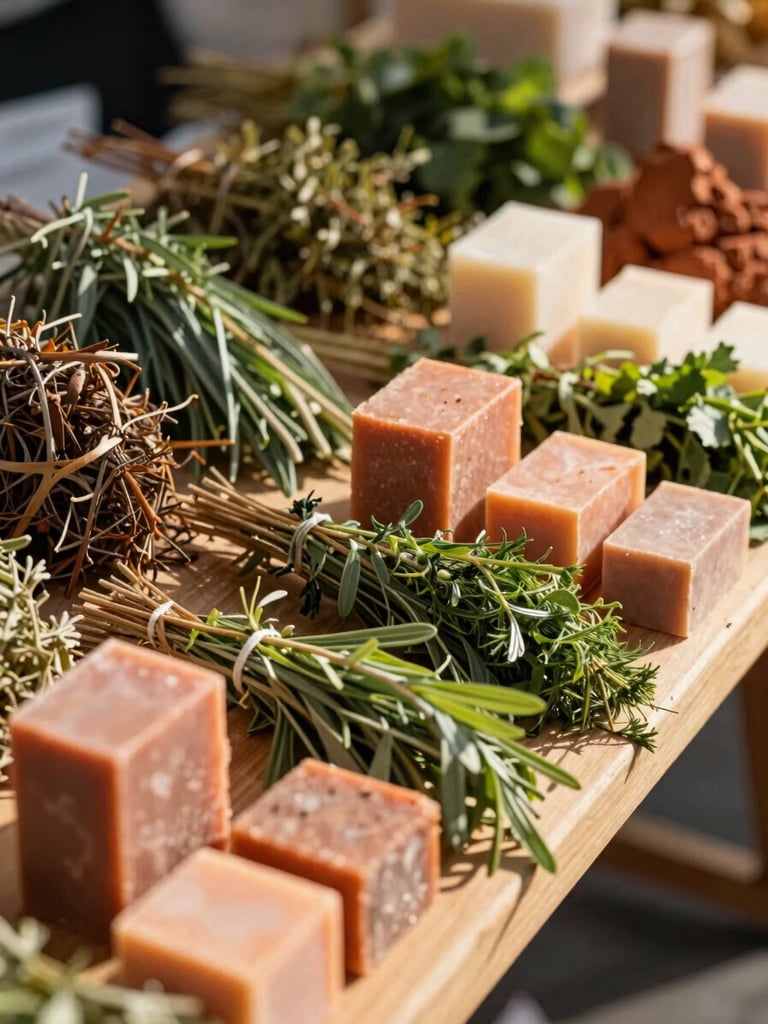 Gros plan sur un étal de marché artisanal en bois, présentant des herbes séchées, des savons bruts et des blocs d'argile, lumière naturelle douce.