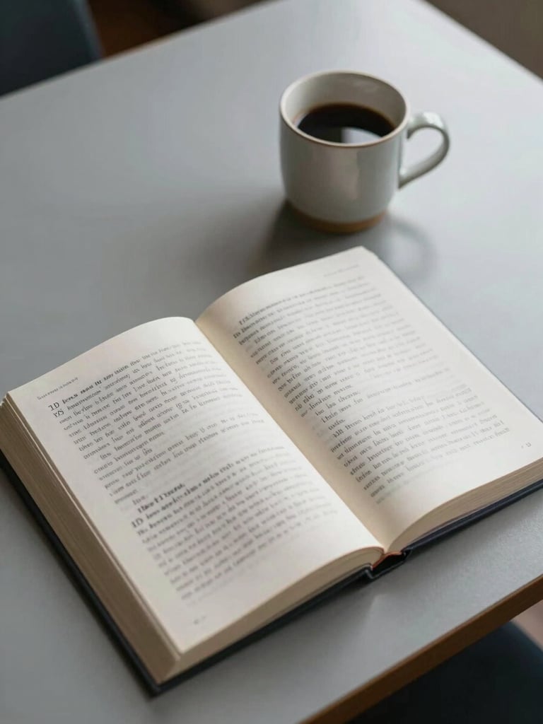 Overhead view of a scholar's desk, an open book with dense handwritten margin notes beside a ceramic cup, soft overcast north-light, no figures, quiet workspace atmosphere